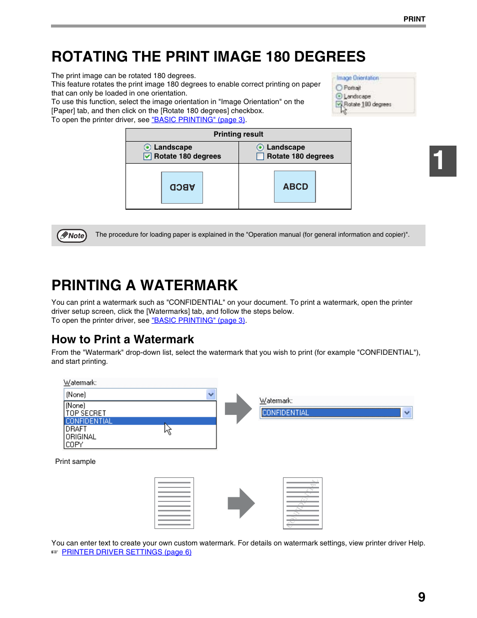 Rotating the print image 180 degrees, Printing a watermark, How to print a watermark | Sharp AR-M162 User Manual | Page 102 / 372
