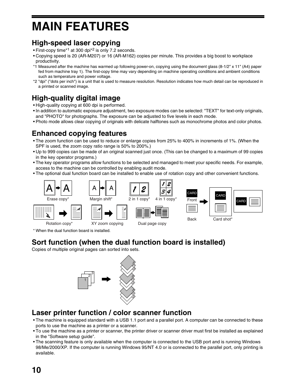 Main features, High-speed laser copying, High-quality digital image | Enhanced copying features, Laser printer function / color scanner function | Sharp AR-M162 User Manual | Page 12 / 372