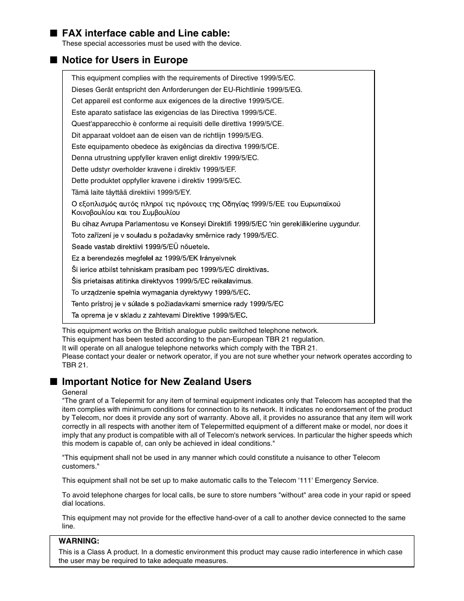 Fax interface cable and line cable, Notice for users in europe, Important notice for new zealand users | Sharp AR-M162 User Manual | Page 129 / 372