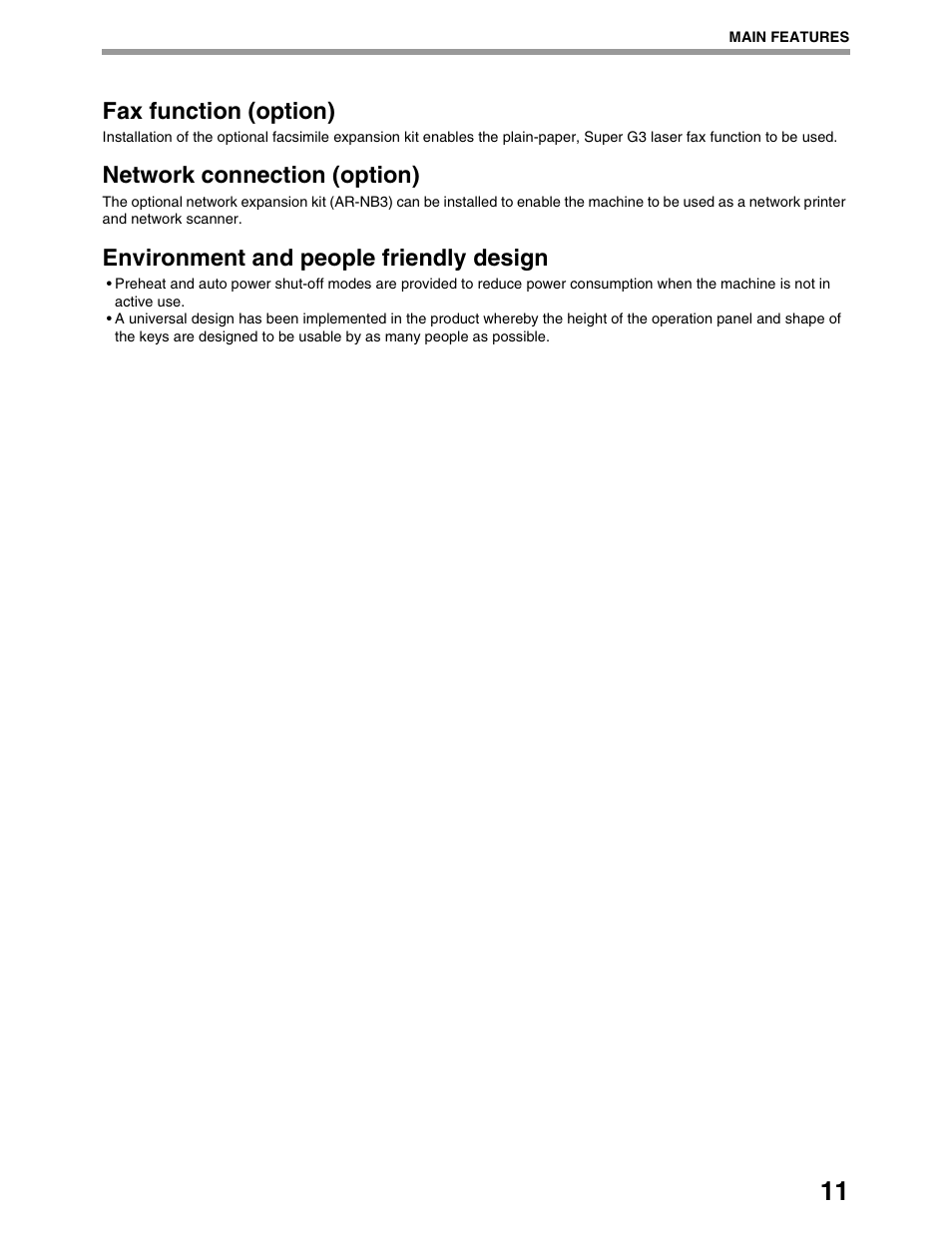 Fax function (option), Network connection (option), Environment and people friendly design | Sharp AR-M162 User Manual | Page 13 / 372