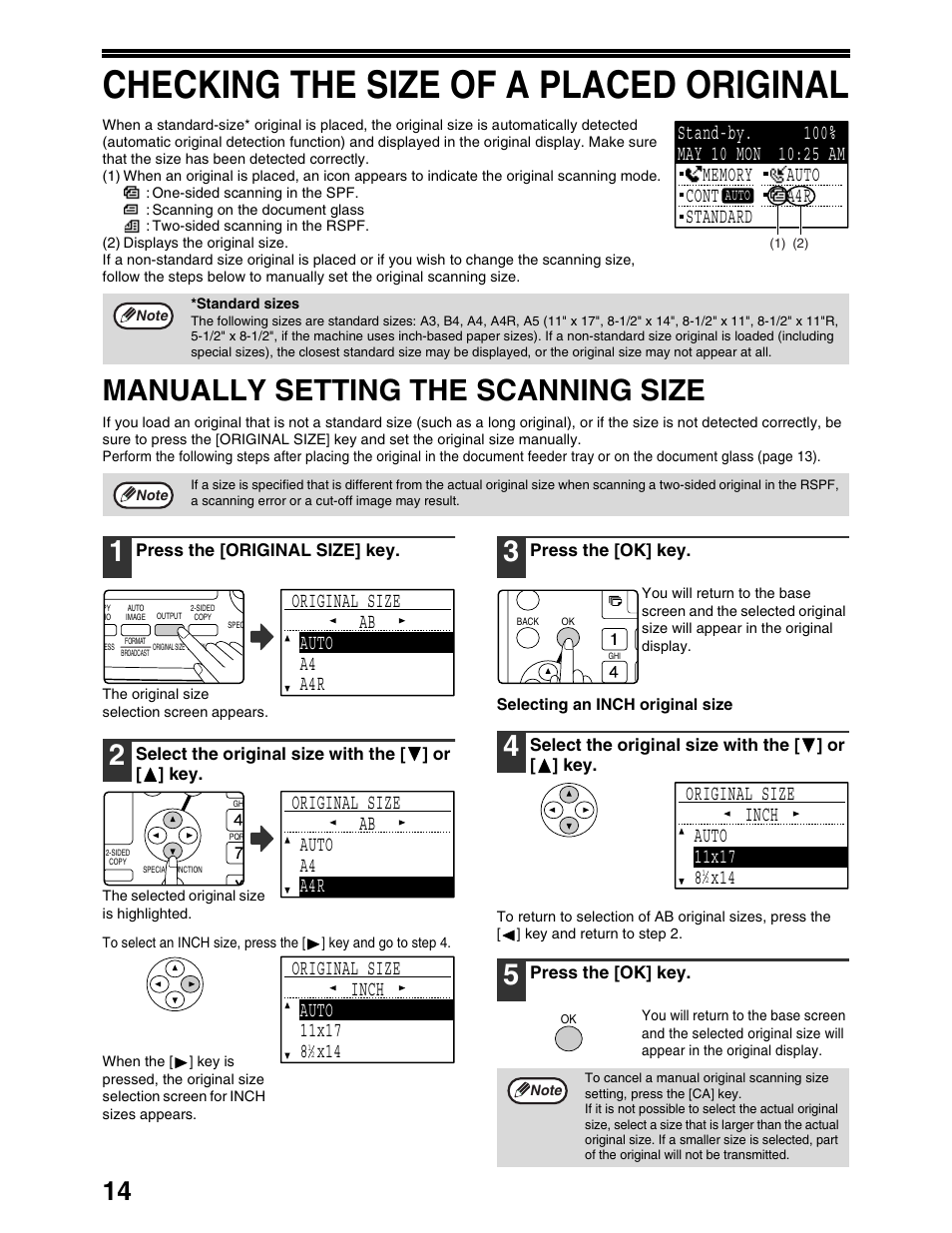 Checking the size of a placed original, Manually setting the scanning size, Original size auto a4 a4r ab | Sharp AR-M162 User Manual | Page 143 / 372