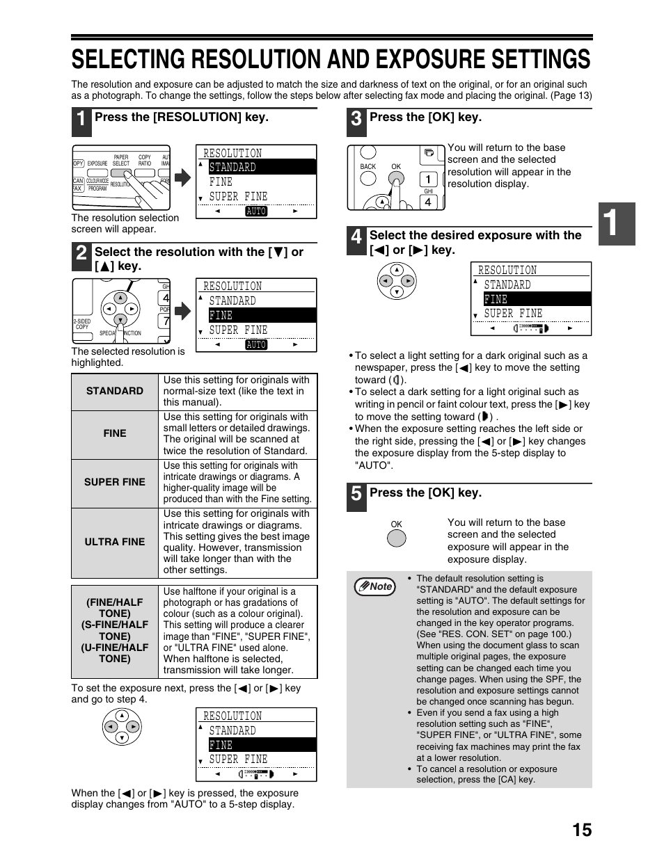 Selecting resolution and exposure settings, Resolution standard fine super fine | Sharp AR-M162 User Manual | Page 144 / 372