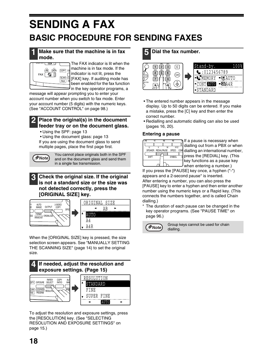 Sending a fax, Basic procedure for sending faxes 1, Original size auto a4 a4r ab | Resolution standard fine super fine, Make sure that the machine is in fax mode, Dial the fax number, Entering a pause, Auto | Sharp AR-M162 User Manual | Page 147 / 372