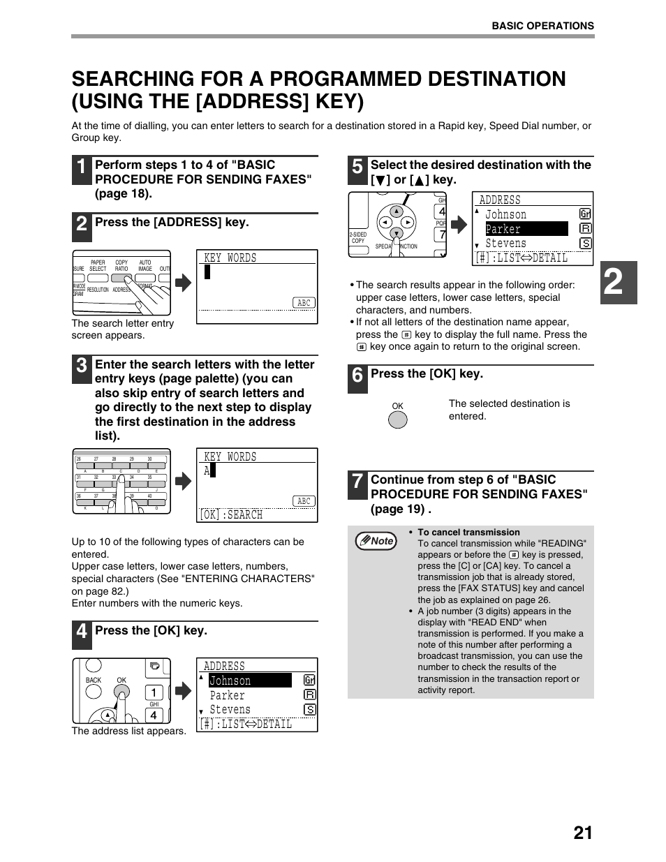 Key words, Key words a [ok]:search, Address johnson parker stevens [#]:list detail | Press the [address] key, Press the [ok] key | Sharp AR-M162 User Manual | Page 150 / 372