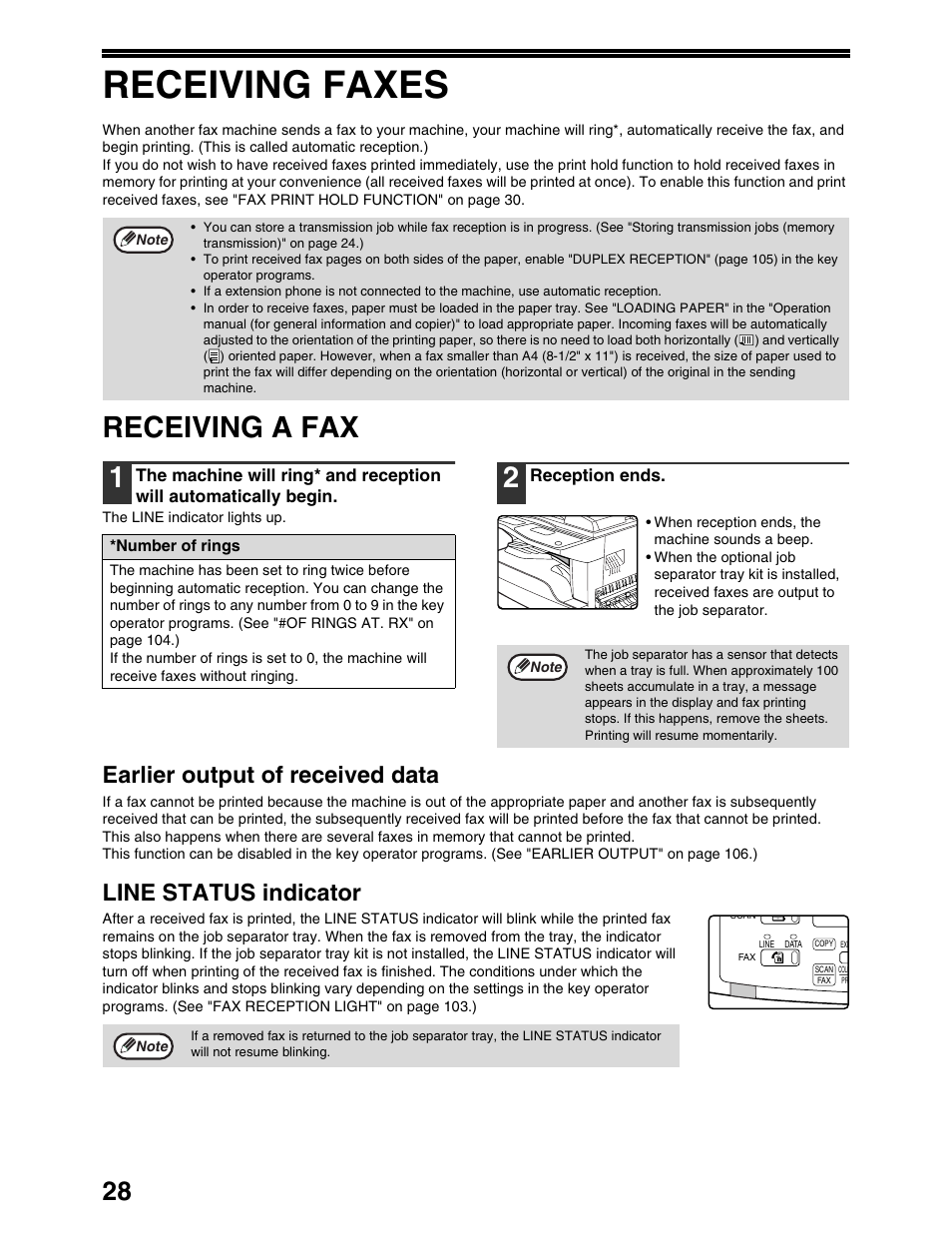 Receiving faxes, Receiving a fax 1, Earlier output of received data | Line status indicator | Sharp AR-M162 User Manual | Page 157 / 372