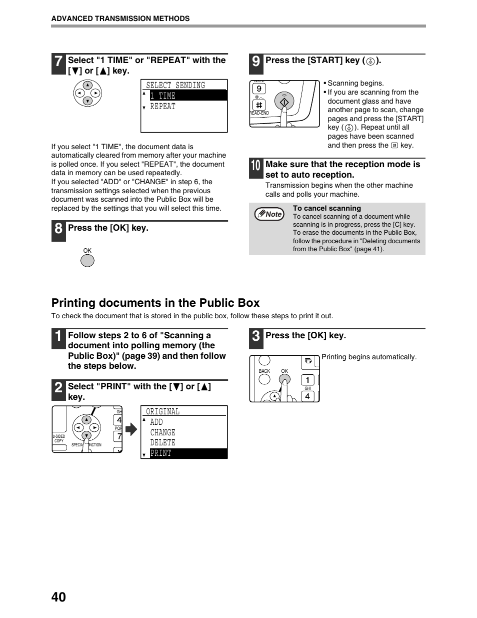 Printing documents in the public box, Select sending 1 time repeat, Original add change delete print | Sharp AR-M162 User Manual | Page 169 / 372