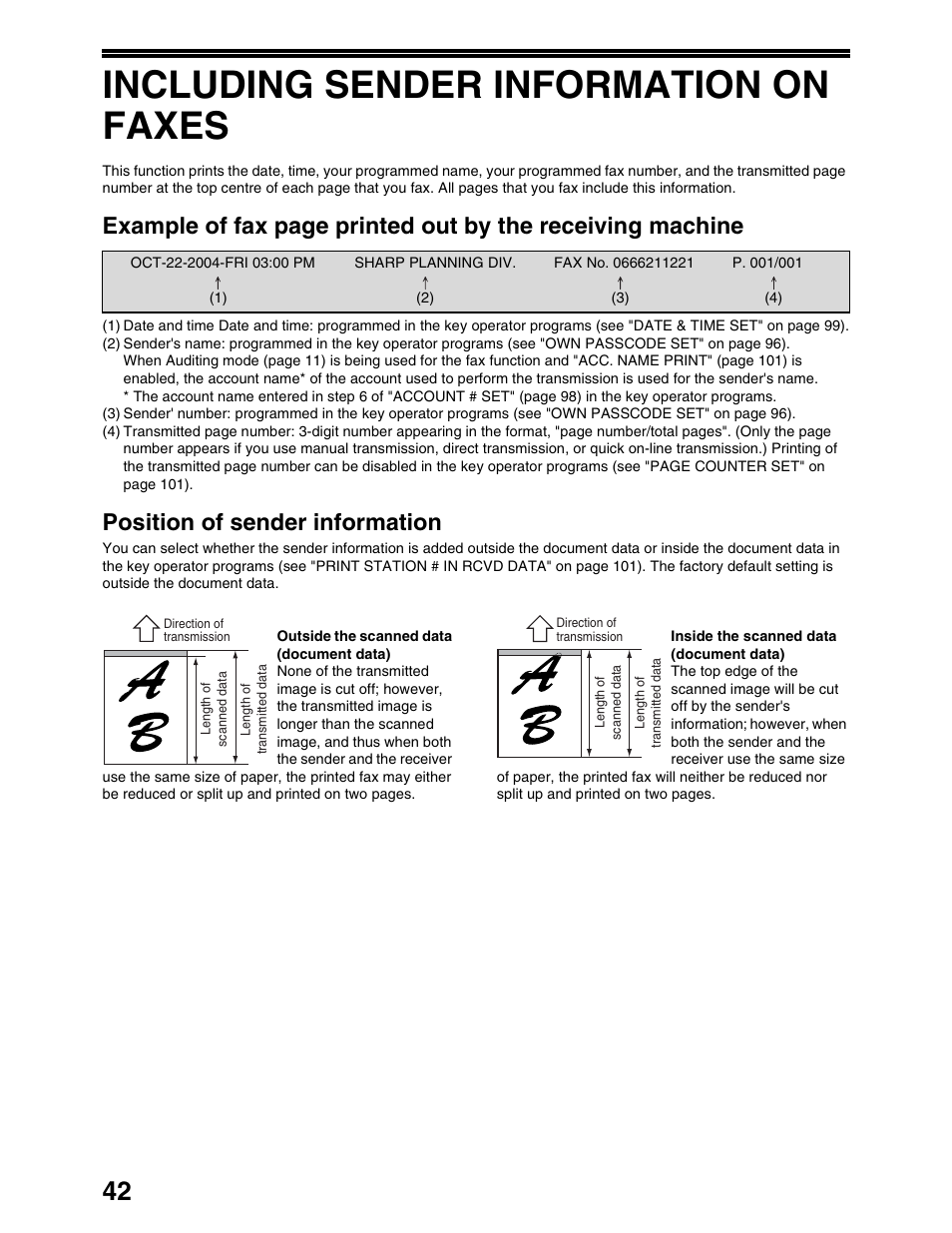 Including sender information on faxes, Position of sender information | Sharp AR-M162 User Manual | Page 171 / 372