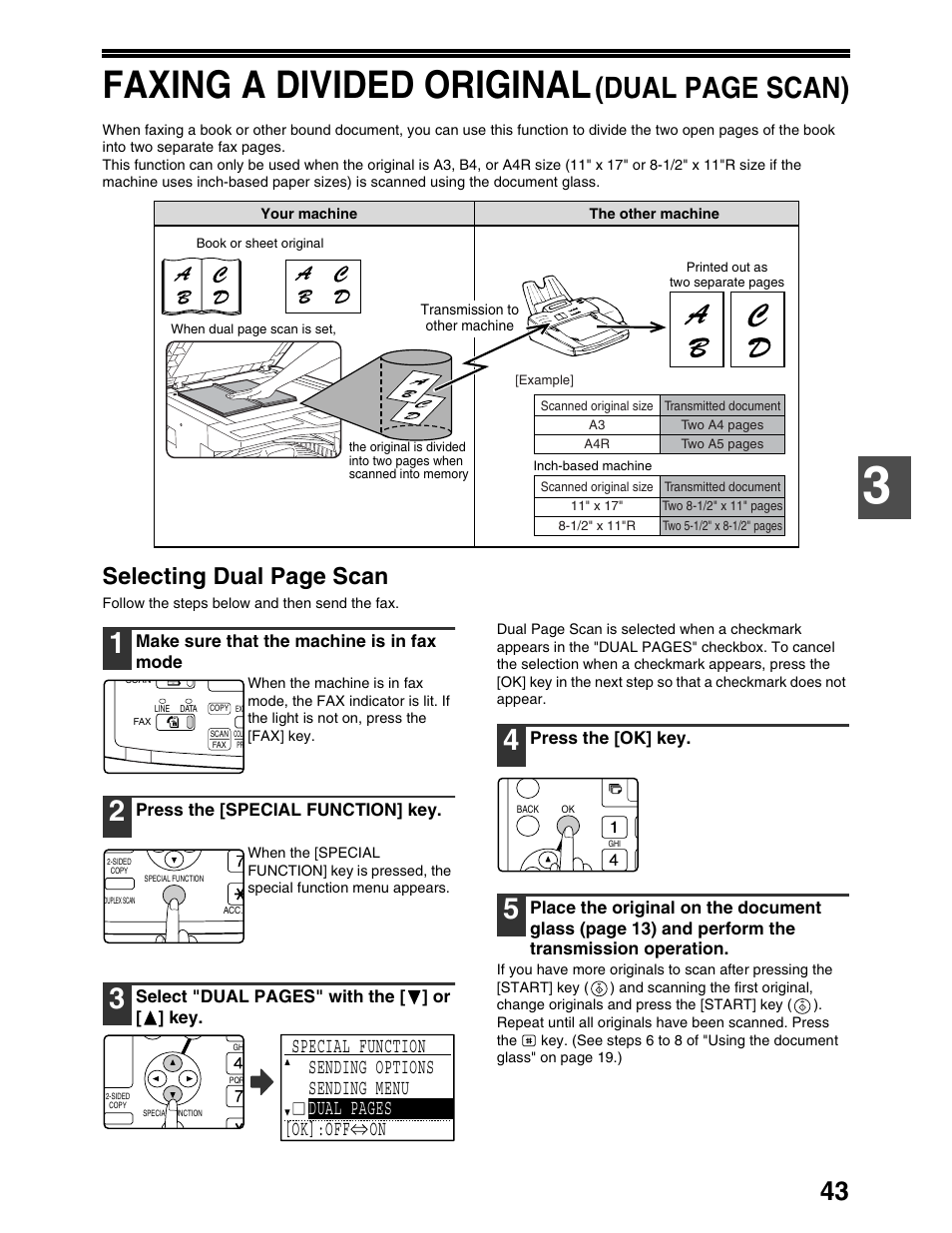 Faxing a divided original, Dual page scan), Selecting dual page scan | Sharp AR-M162 User Manual | Page 172 / 372