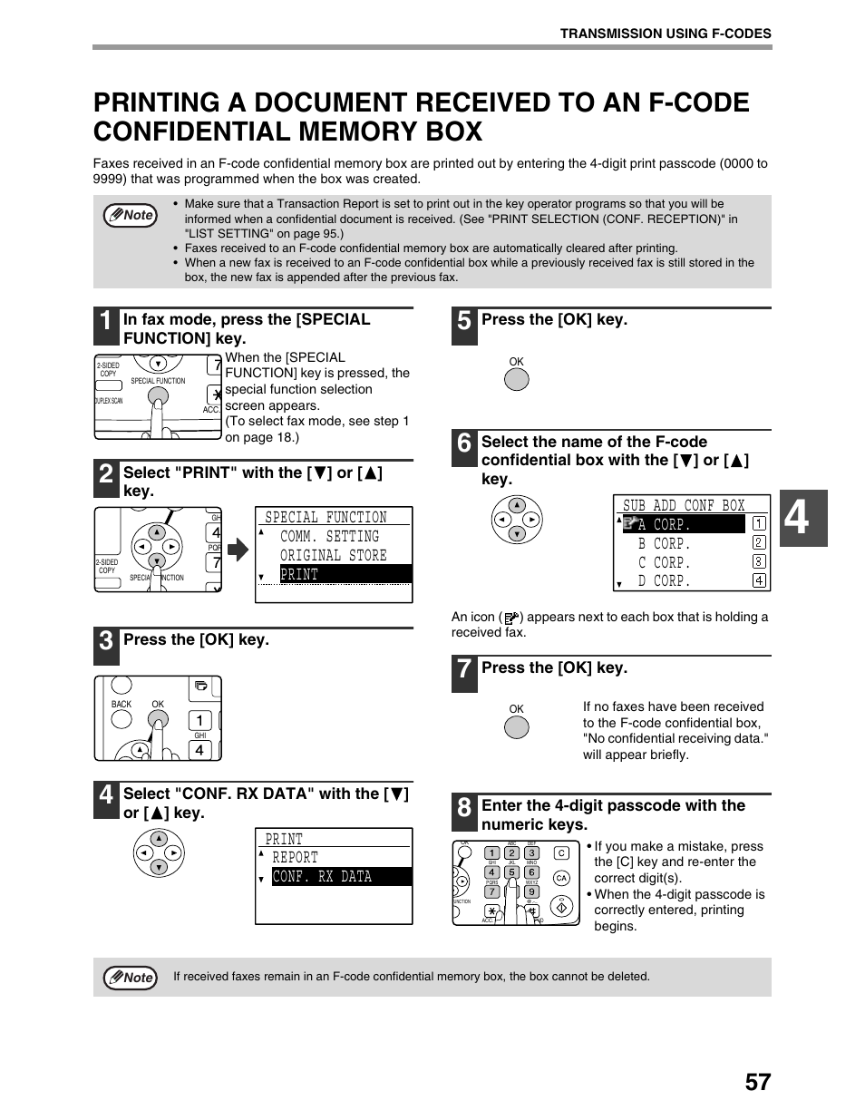 Print report conf. rx data, Sub add conf box a corp. b corp. c corp. d corp | Sharp AR-M162 User Manual | Page 186 / 372