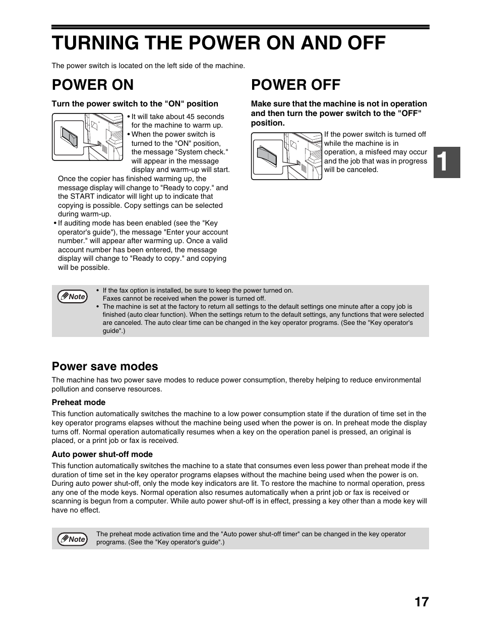 Turning the power on and off, Power on, Power off | Power save modes | Sharp AR-M162 User Manual | Page 19 / 372