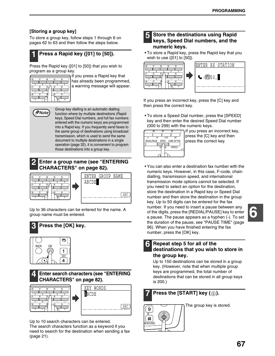 Enter group name abcde, Key words a bcde, Enter rx station : 50 | Press a rapid key ([01] to [50]), Press the [ok] key, Press the [start] key ( ), Storing a group key, Programming, The group key is stored | Sharp AR-M162 User Manual | Page 196 / 372