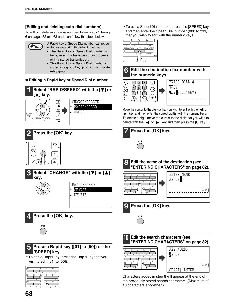 Change/delete rapid/speed group, Rapid/speed change delete, Enter name abcde | Key words a bcde [start]:enter, Select "rapid/speed" with the [ ] or [ ] key, Press the [ok] key, Select "change" with the [ ] or [ ] key, Editing and deleting auto-dial numbers, Editing a rapid key or speed dial number | Sharp AR-M162 User Manual | Page 197 / 372