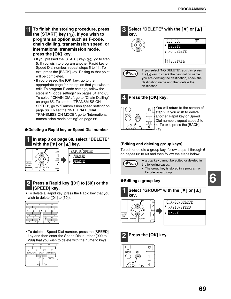 Rapid/speed change delete, Sbc co. delete no delete [#]:detail, Change/delete rapid/speed group | Select "delete" with the [ ] or [ ] key, Press the [ok] key, Select "group" with the [ ] or [ ] key | Sharp AR-M162 User Manual | Page 198 / 372