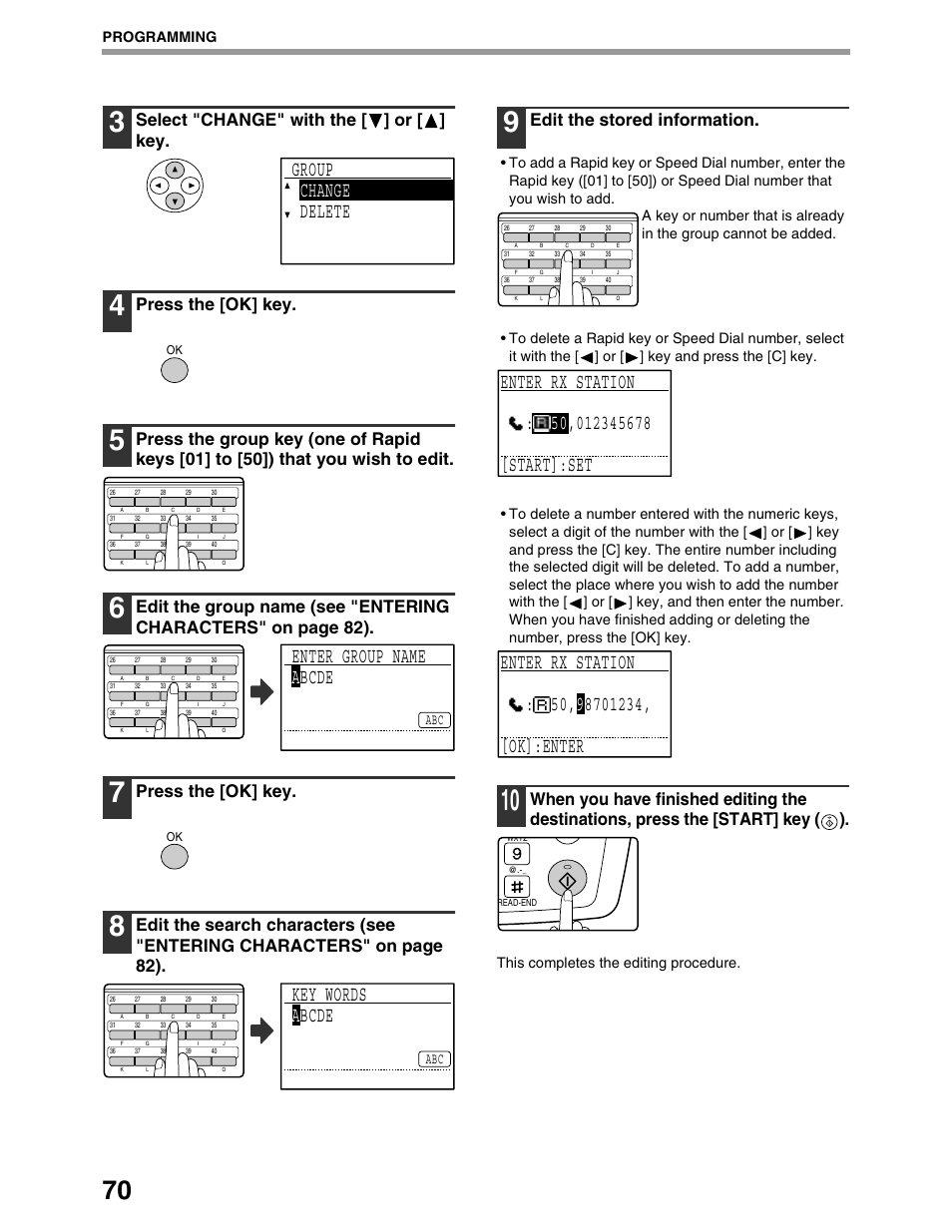 Group change delete, Enter group name a bcde, Key words a bcde | Select "change" with the [ ] or [ ] key, Press the [ok] key, Edit the stored information, Programming, This completes the editing procedure | Sharp AR-M162 User Manual | Page 199 / 372