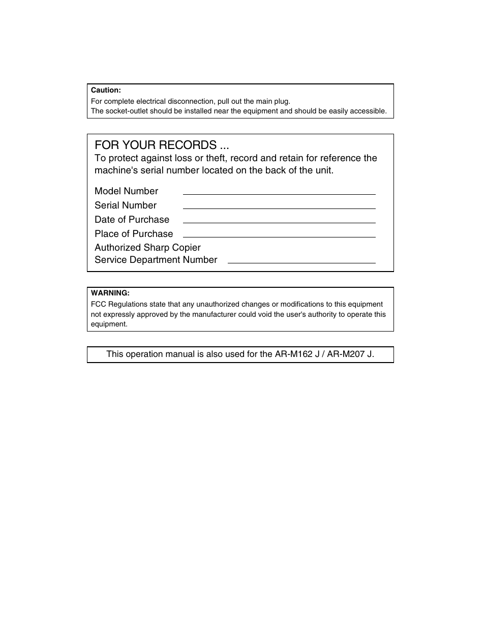 For your records | Sharp AR-M162 User Manual | Page 2 / 372