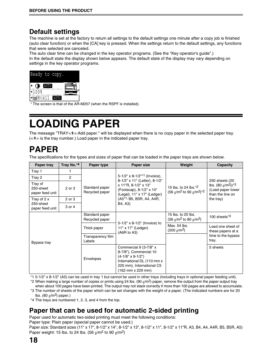 Loading paper, Paper, Default settings | Sharp AR-M162 User Manual | Page 20 / 372