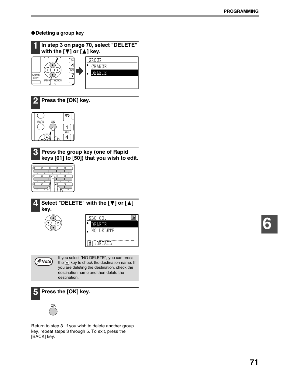 Group change delete, Sbc co. delete no delete [#]:detail, Press the [ok] key | Select "delete" with the [ ] or [ ] key | Sharp AR-M162 User Manual | Page 200 / 372