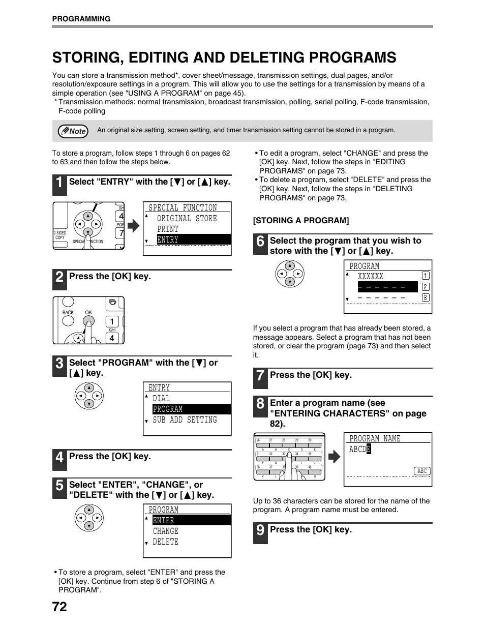 Storing, editing and deleting programs, Special function original store print entry, Program name abcd e | Sharp AR-M162 User Manual | Page 201 / 372