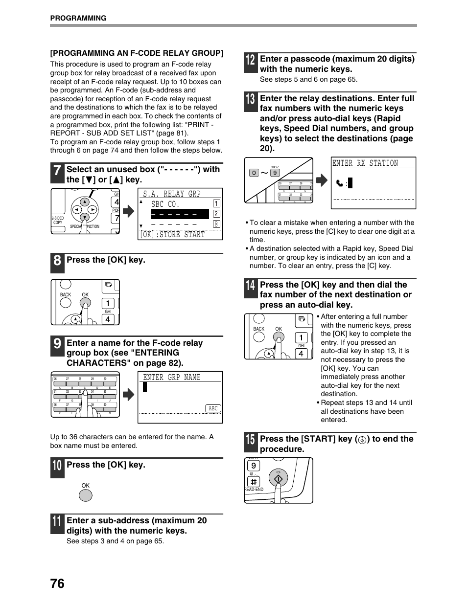 Enter grp name, Enter rx station, Press the [ok] key | Press the [start] key ( ) to end the procedure, Programming an f-code relay group | Sharp AR-M162 User Manual | Page 205 / 372