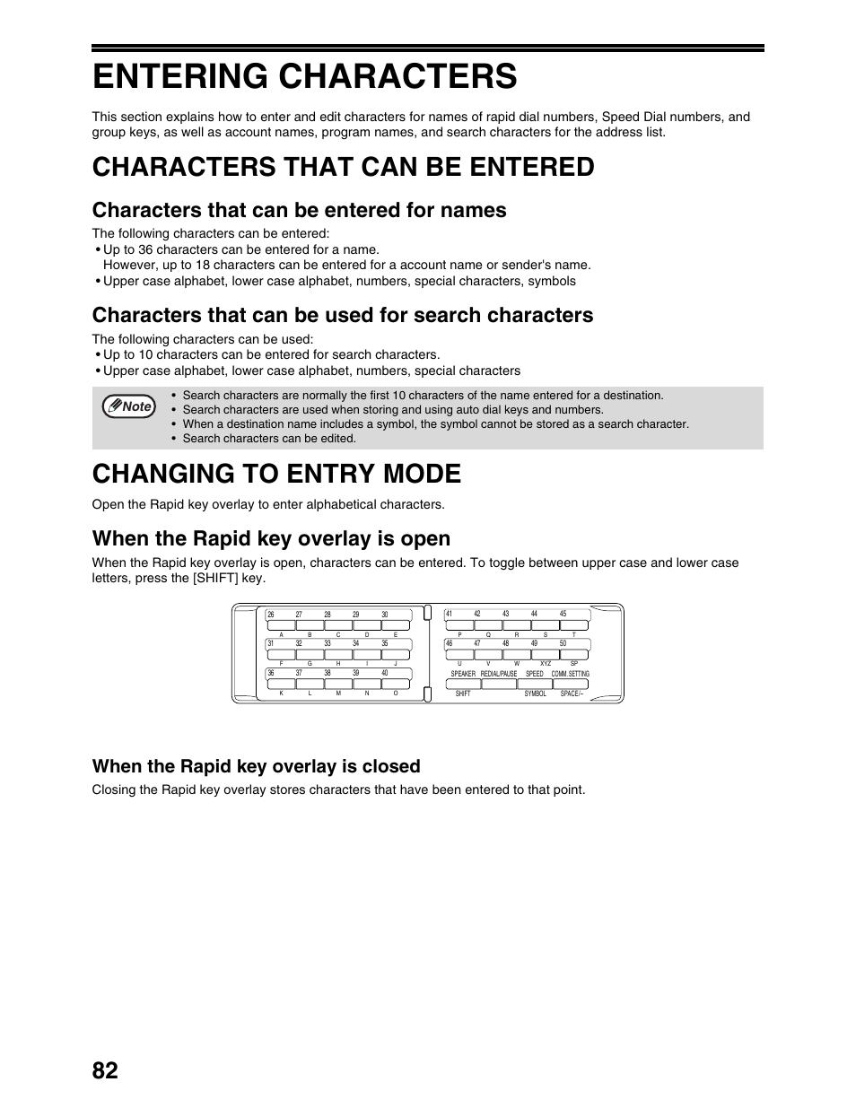 Entering characters, Characters that can be entered, Changing to entry mode | Characters that can be entered for names, Characters that can be used for search characters, When the rapid key overlay is open, When the rapid key overlay is closed | Sharp AR-M162 User Manual | Page 211 / 372