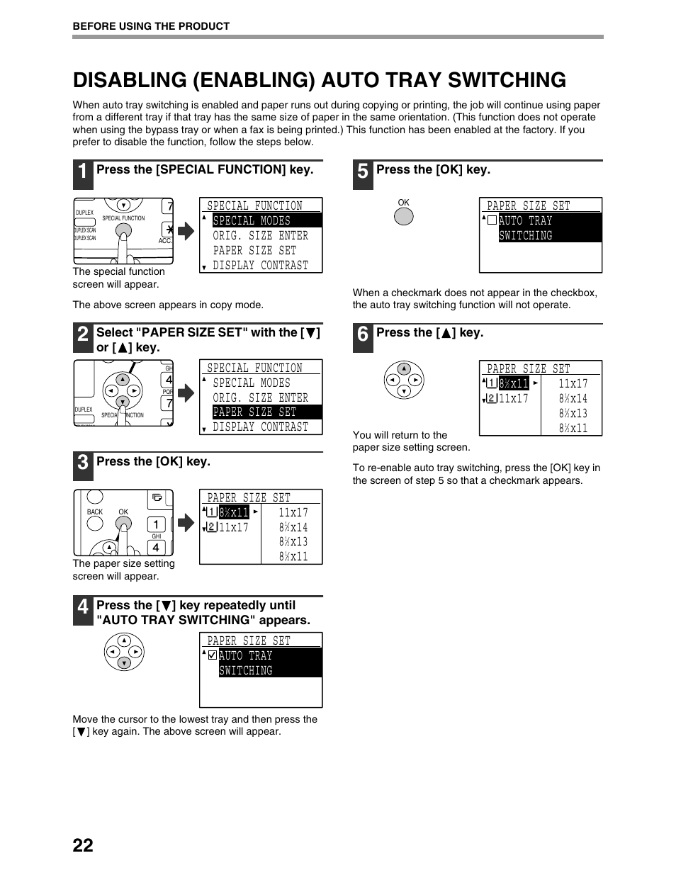 Disabling (enabling) auto tray switching, Paper size set auto tray switching | Sharp AR-M162 User Manual | Page 24 / 372