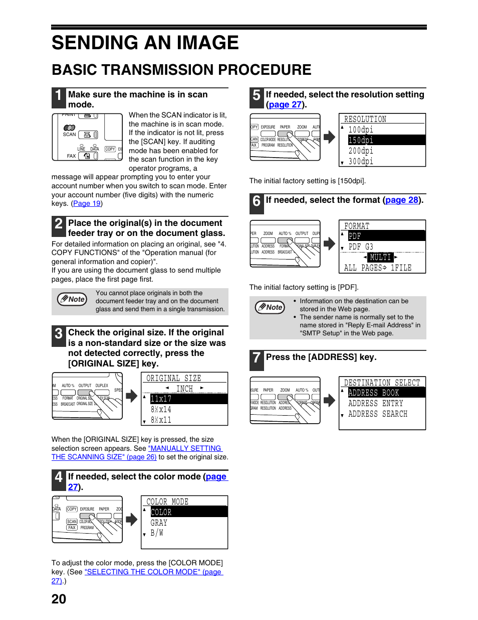 Sending an image, Basic transmission procedure 1, Color mode color gray b/w | Format pdf pdf g3 multi all pages 1file, Make sure the machine is in scan mode, If needed, select the color mode ( page 27 ), If needed, select the format ( page 28 ), Press the [address] key | Sharp AR-M162 User Manual | Page 264 / 372