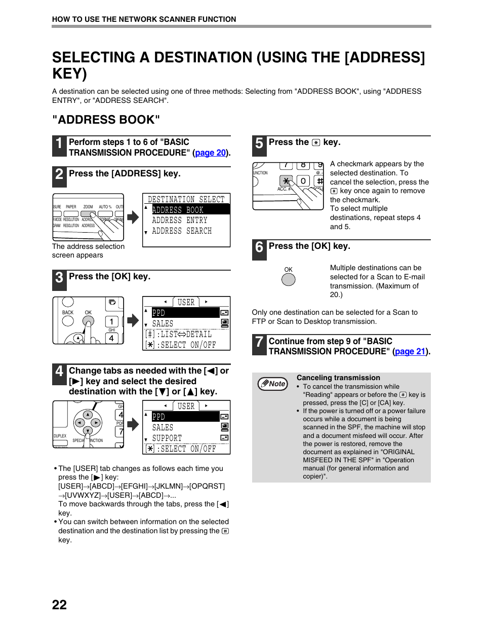 Selecting a destination (using the [address] key), Address book, User ppd sales [#]:list detail [ ]:select on/off | User ppd sales support [ ]:select on/off | Sharp AR-M162 User Manual | Page 266 / 372