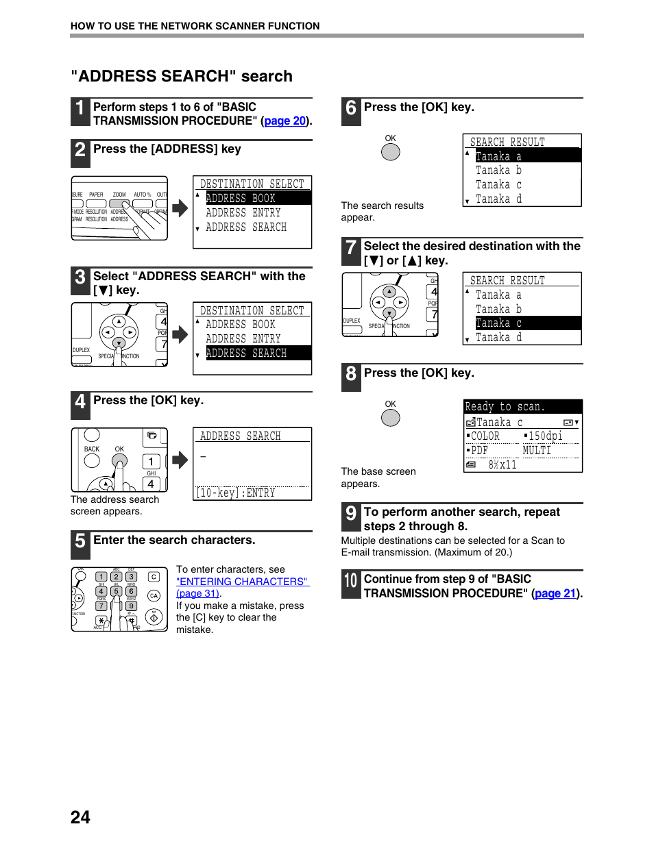 Address search" search, Address search _ [10-key]:entry, Search result tanaka a tanaka b tanaka c tanaka d | Sharp AR-M162 User Manual | Page 268 / 372