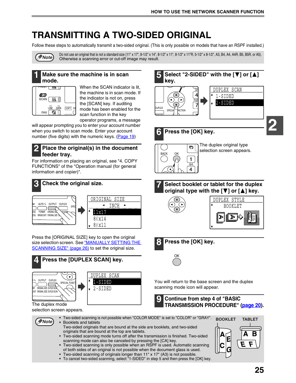 Transmitting a two-sided original, Duplex scan 1-sided 2-sided, Duplex style booklet | Sharp AR-M162 User Manual | Page 269 / 372