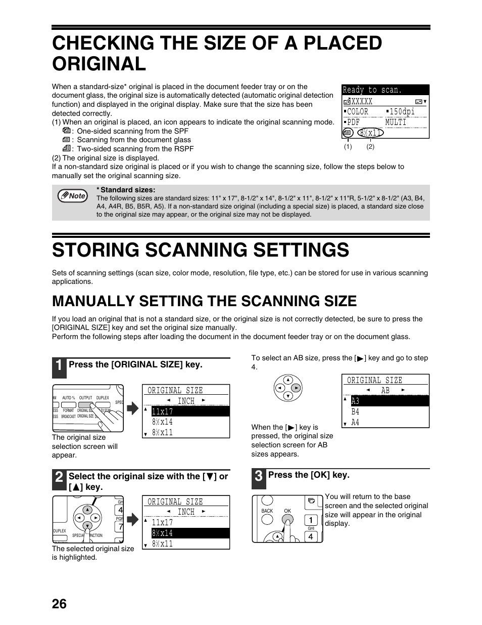 Checking the size of a placed original, Storing scanning settings, Manually setting the scanning size | Original size a3 b4 a4 ab | Sharp AR-M162 User Manual | Page 270 / 372