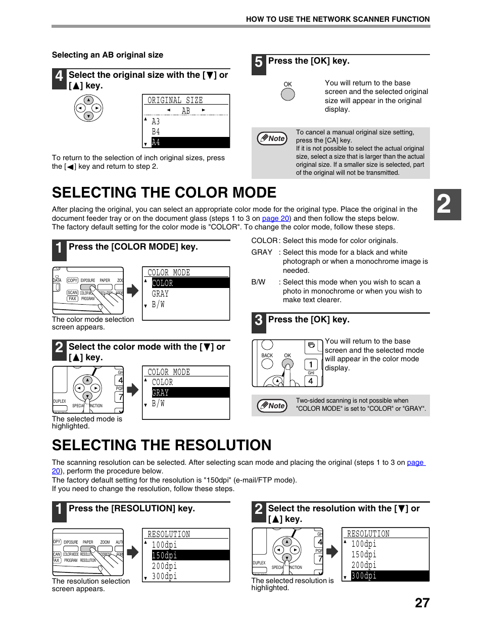 Selecting the color mode, Selecting the resolution, Original size a3 b4 a4 ab | Color mode color gray b/w | Sharp AR-M162 User Manual | Page 271 / 372