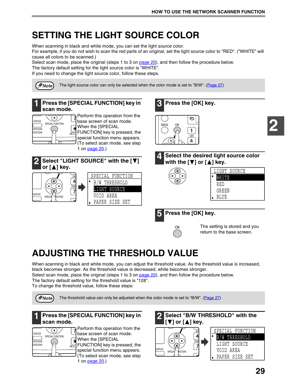 Setting the light source color, Adjusting the threshold value, Light source white red green blue | Sharp AR-M162 User Manual | Page 273 / 372