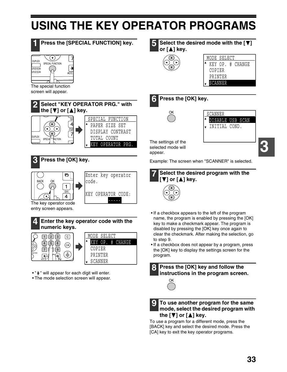 Using the key operator programs, Enter key operator code. key operator code, Scanner disable usb scan initial cond | Sharp AR-M162 User Manual | Page 277 / 372