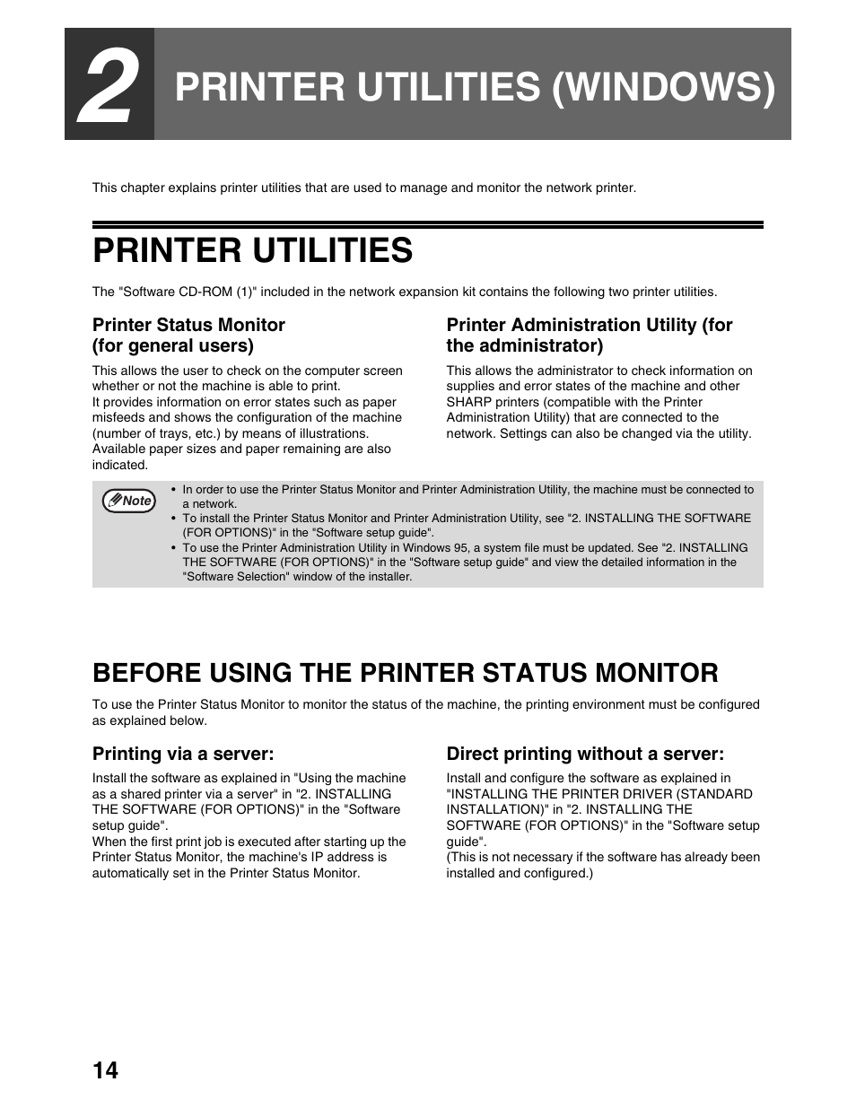 Printer utilities (windows), Printer utilities, Before using the printer status monitor | Sharp AR-M162 User Manual | Page 298 / 372