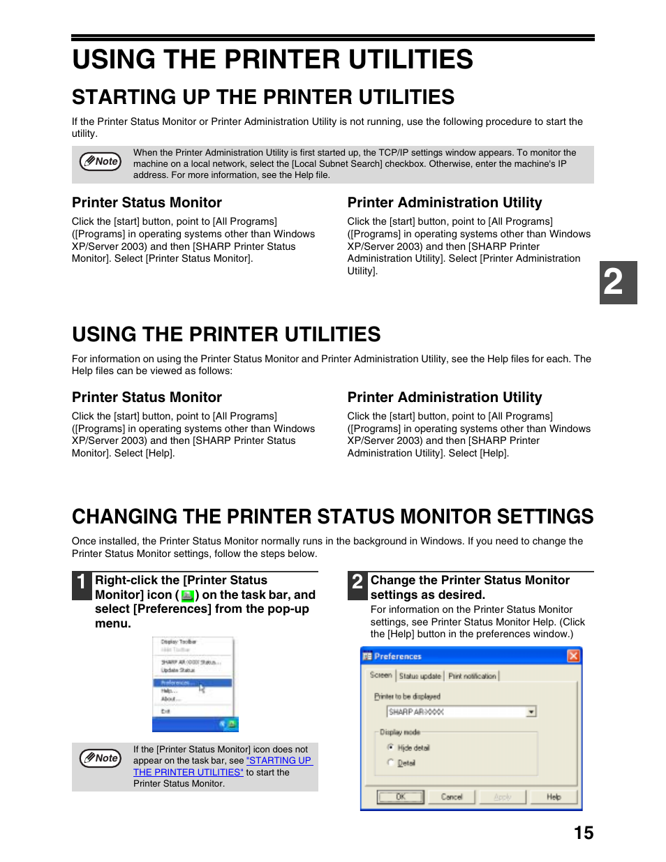 Using the printer utilities, Starting up the printer utilities, Changing the printer status monitor settings | Sharp AR-M162 User Manual | Page 299 / 372
