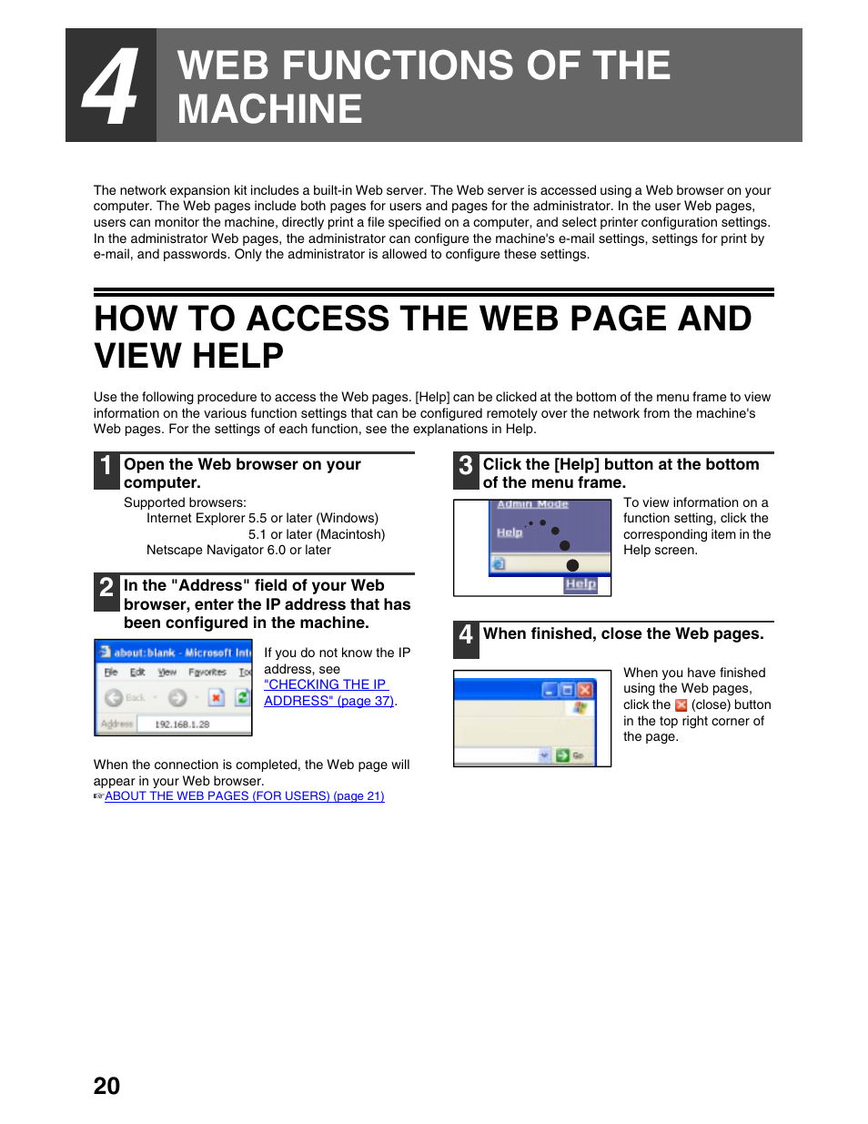 Web functions of the machine, How to access the web page and view help | Sharp AR-M162 User Manual | Page 304 / 372
