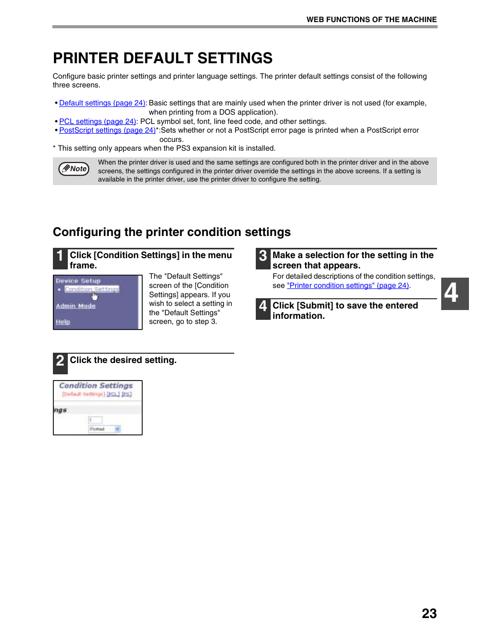 Printer default settings, Configuring the printer condition settings | Sharp AR-M162 User Manual | Page 307 / 372