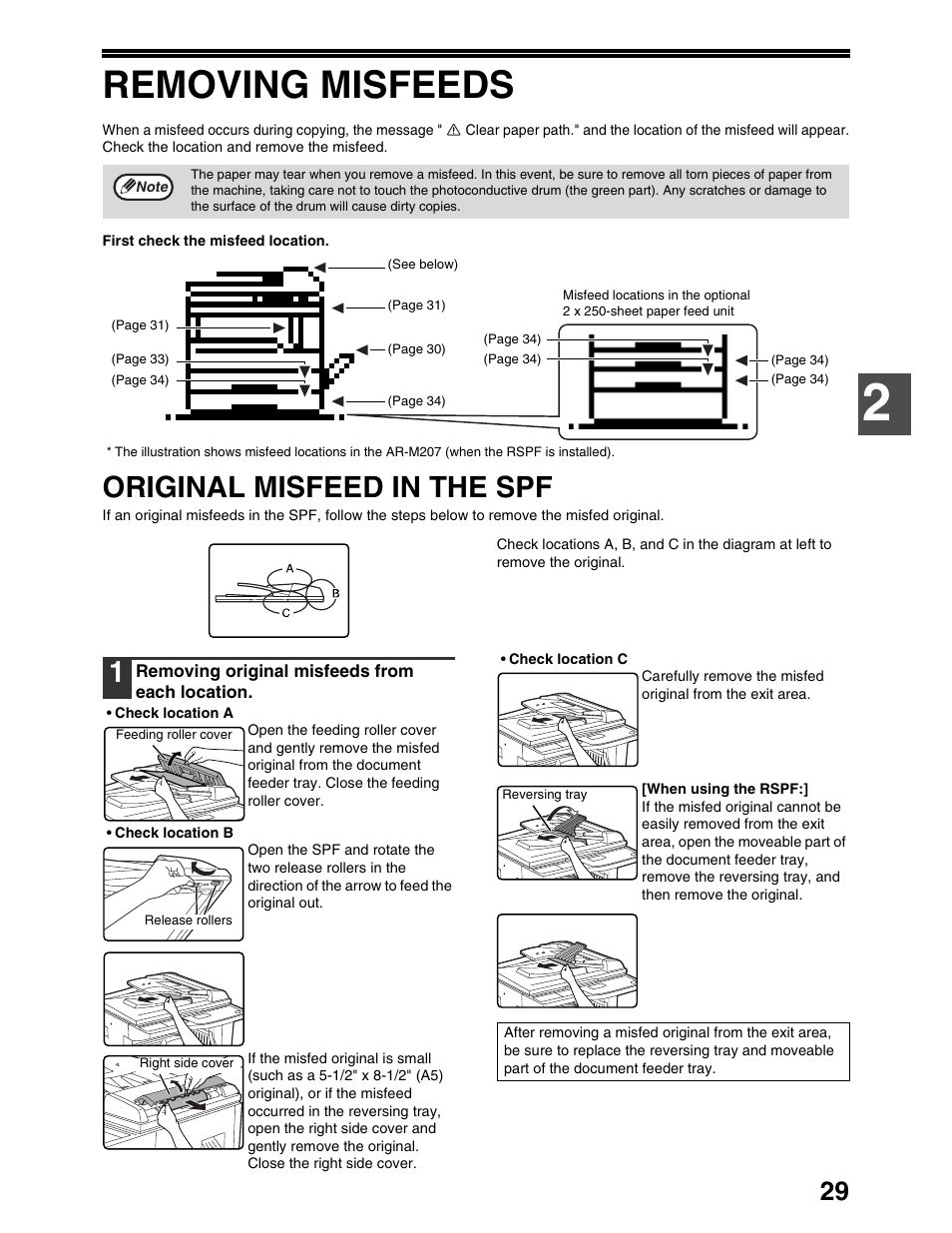 Removing misfeeds, Original misfeed in the spf | Sharp AR-M162 User Manual | Page 31 / 372