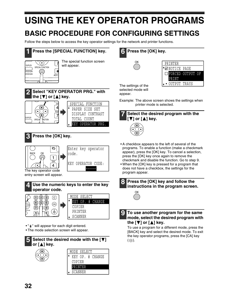 Using the key operator programs, Basic procedure for configuring settings, Enter key operator code. key operator code | Sharp AR-M162 User Manual | Page 316 / 372