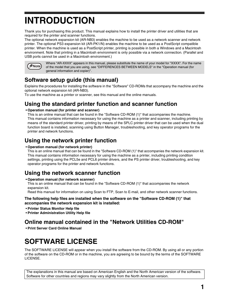 Introduction, Software license, Software setup guide (this manual) | Using the network printer function, Using the network scanner function | Sharp AR-M162 User Manual | Page 327 / 372