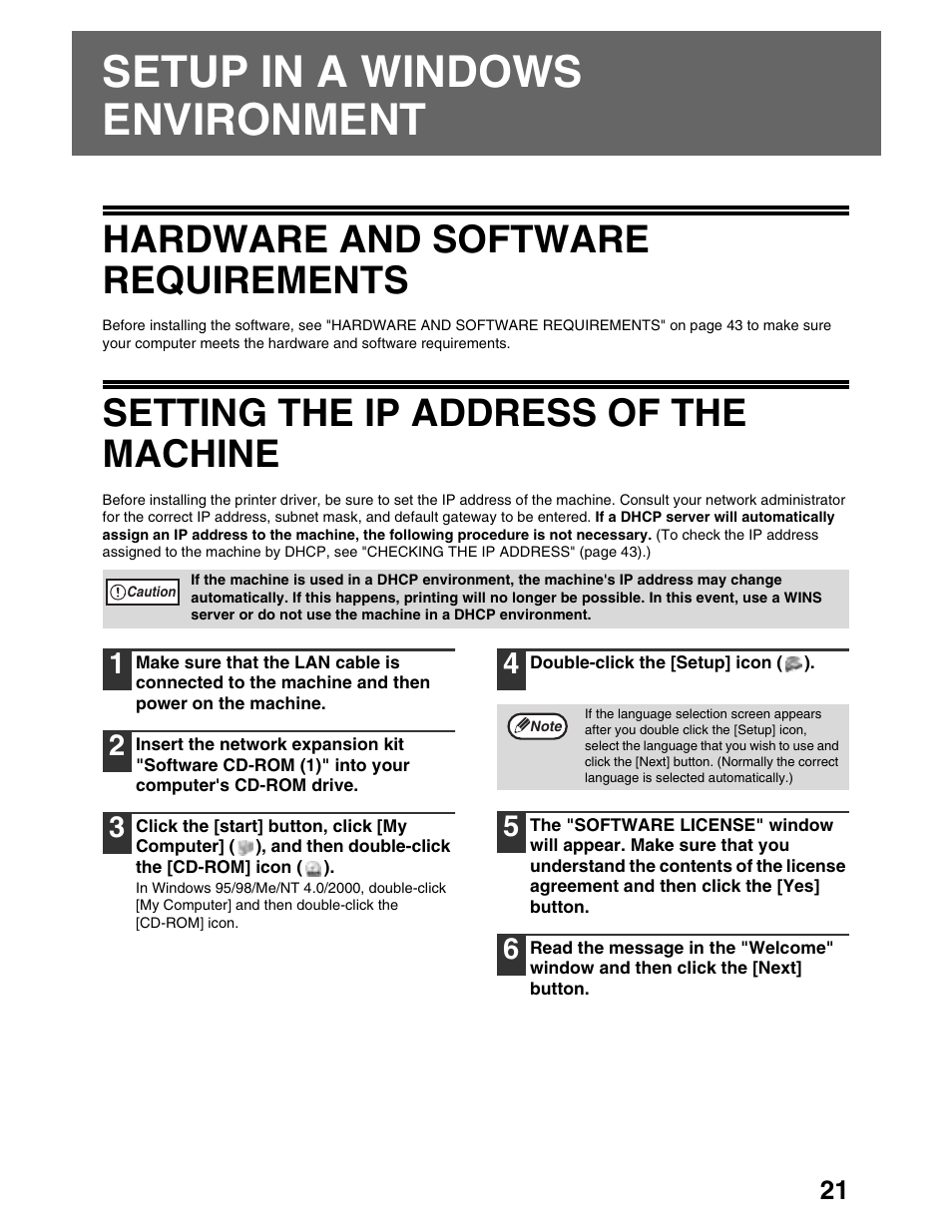 Setup in a windows environment, Hardware and software requirements, Setting the ip address of the machine | Sharp AR-M162 User Manual | Page 347 / 372