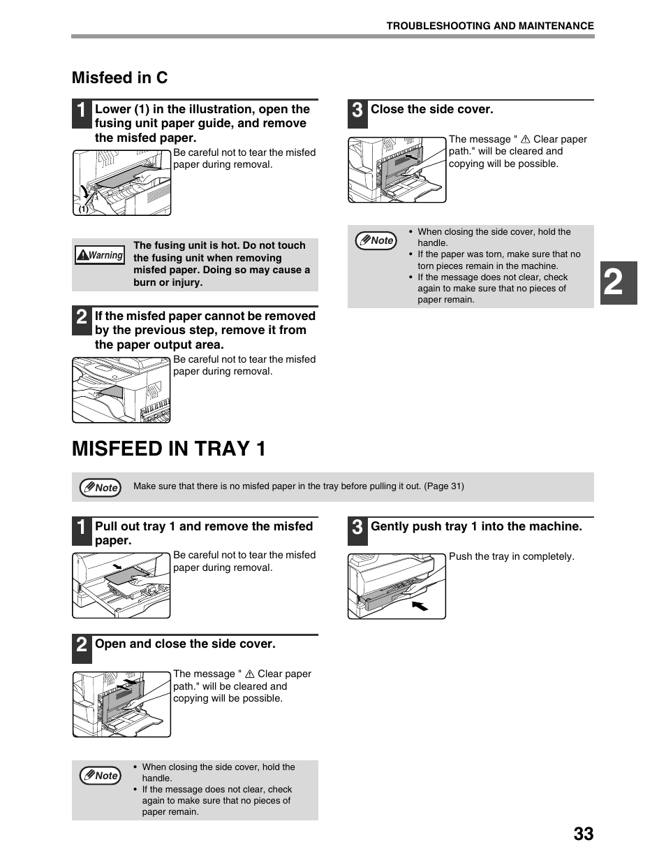 Misfeed in tray 1 1, Misfeed in c | Sharp AR-M162 User Manual | Page 35 / 372