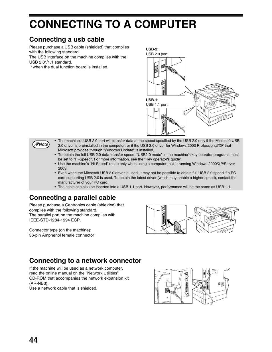 Connecting to a computer, Connecting a usb cable, Connecting a parallel cable | Connecting to a network connector | Sharp AR-M162 User Manual | Page 370 / 372