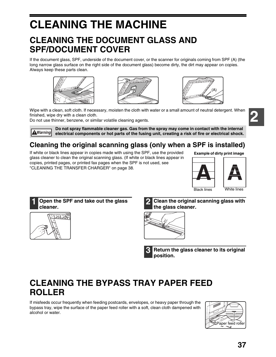Cleaning the machine, Cleaning the document glass and spf/document cover, Cleaning the bypass tray paper feed roller | Sharp AR-M162 User Manual | Page 39 / 372
