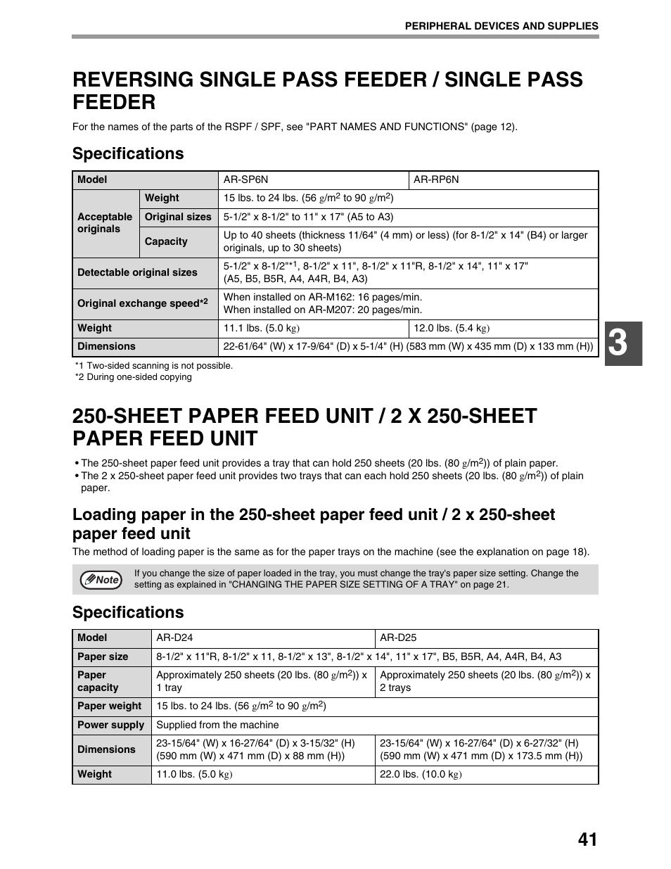 Reversing single pass feeder / single pass feeder, Specifications | Sharp AR-M162 User Manual | Page 43 / 372