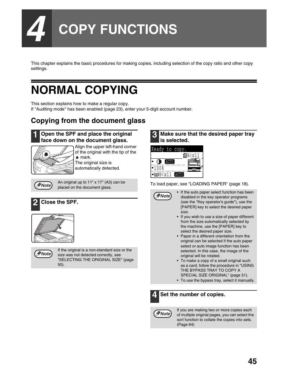 Copy functions, Normal copying, Copying from the document glass | Sharp AR-M162 User Manual | Page 47 / 372