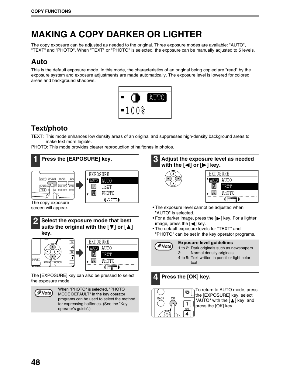 Making a copy darker or lighter, Auto, Text/photo | Exposure auto text photo | Sharp AR-M162 User Manual | Page 50 / 372