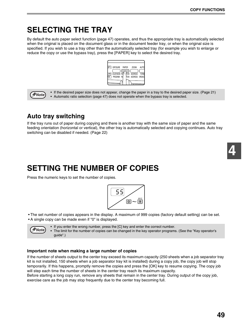 Selecting the tray, Setting the number of copies, Auto tray switching | Sharp AR-M162 User Manual | Page 51 / 372