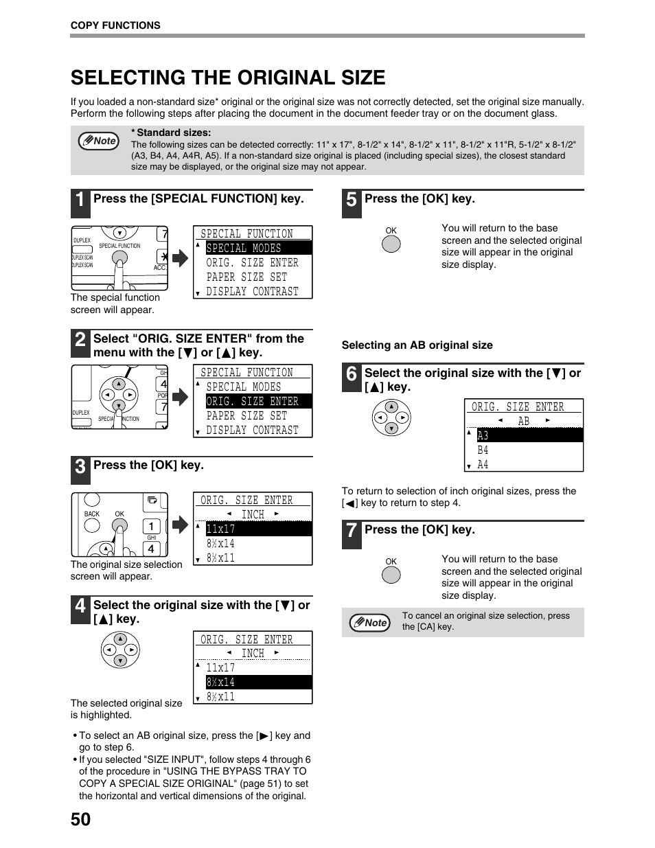 Selecting the original size, Orig. size enter a3 b4 a4 ab | Sharp AR-M162 User Manual | Page 52 / 372