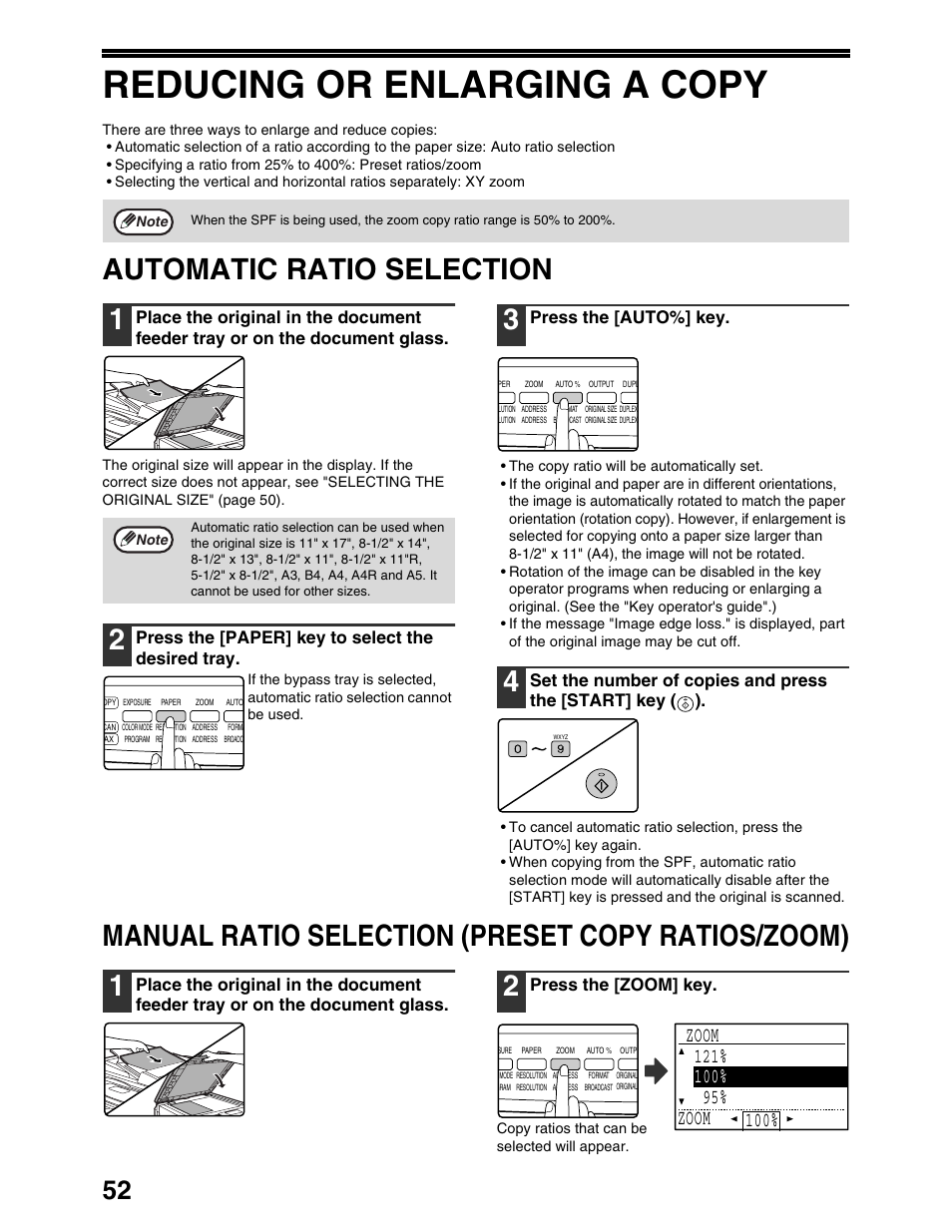 Reducing or enlarging a copy, Automatic ratio selection 1, Manual ratio selection (preset copy ratios/zoom) 1 | Sharp AR-M162 User Manual | Page 54 / 372